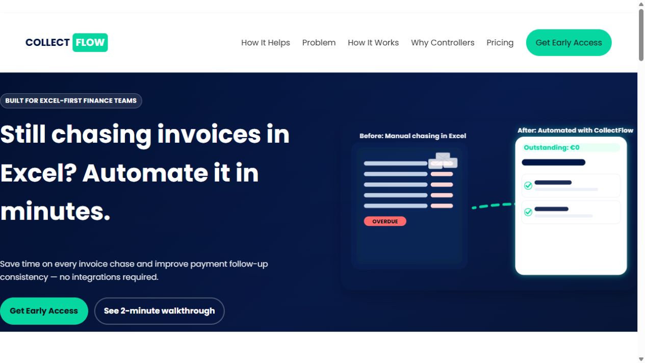 The CollectFlow homepage showing its Excel invoice follow-up workflow
