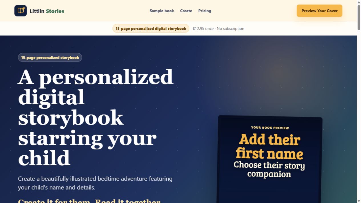 The Littlin Stories homepage showing its personalised storybook preview